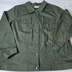 Denim&Co Army Green Stretch Twill Light Denim Jacket with Bling Buttons EUC 2X